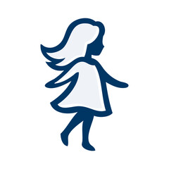 Logotipo de boutique de moda femenina. Dibujo sencillo con líneas de una niña andando vista de perfil con un vestido  © teracreonte