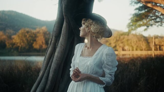 Woman By Water. Tranquil Scene Showing Woman In Gown Overlooking Water During Sunset With Cinematic Tone