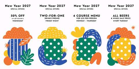 Fototapeta premium New Year 2027 Special Offers | Festive Restaurant Deals, Weekly Promotions, Colorful Holiday Menu Graphics, Modern New Year Discount Templates