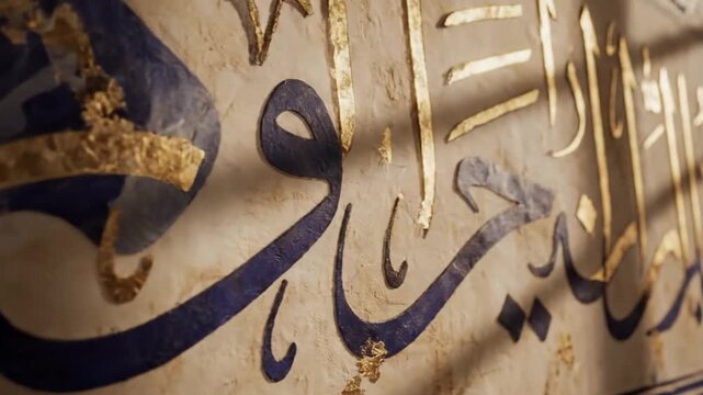 Ornate arabic calligraphy trimmed wall in sunlit interior alcove