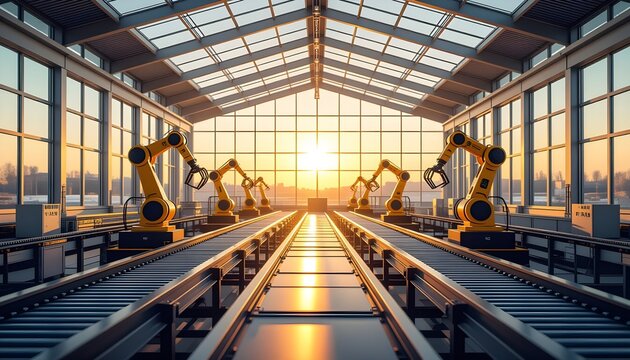 3d rendering industrial robot arm working on factory conveyor belt at sunset