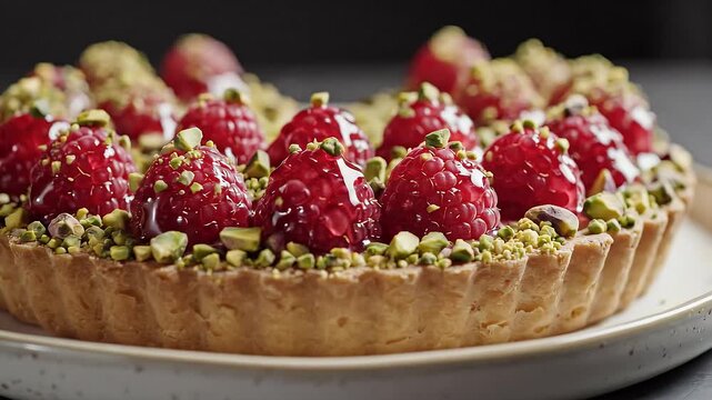 Slow Macro Push-in on Elegant Pistachio Raspberry Tart Glistening Berries Golden Crust Dark Table