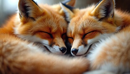 Fototapeta premium Two red foxes sleep close together. Their orange and white fur shows detailed texture. Faces are relaxed with eyes closed. Cozy natural setting emphasizes their bond. Calm animal companionship.