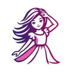 Logotipo de boutique de moda femenina. Dibujo sencillo con líneas de una niña con la mano en el cabello con un vestido, vista de frente  © teracreonte