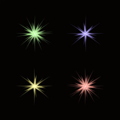 Vector graphic illustration of starbursts in green, purple, yellow, and red on a black background for creative design projects and festive elements