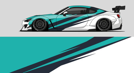 Obraz premium Sleek white race car with teal racing stripes in a dynamic side profile.