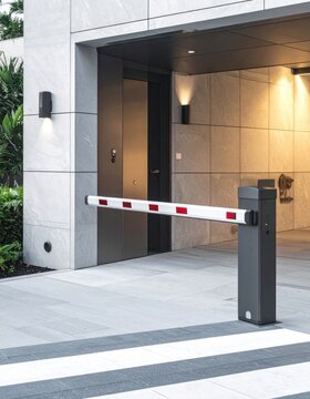 Modern building entrance featuring an automated boom barrier and stylish exterior lighting.