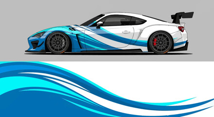 Sleek blue and white race car with aerodynamic styling and dynamic graphics for high-speed impact.