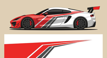 Obraz premium Sleek red and white race car illustration with bold graphic lines and dynamic motion.