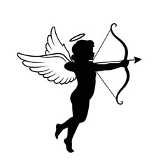 Fototapeta premium A black silhouette of Cupid with wings and a bow and arrow, set against a white background