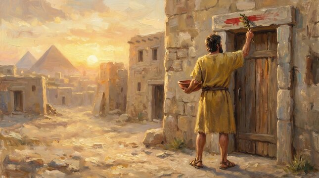 An ancient man applies blood to a doorframe in a village at sunset, with pyramids in the distance, depicting the Passover story.