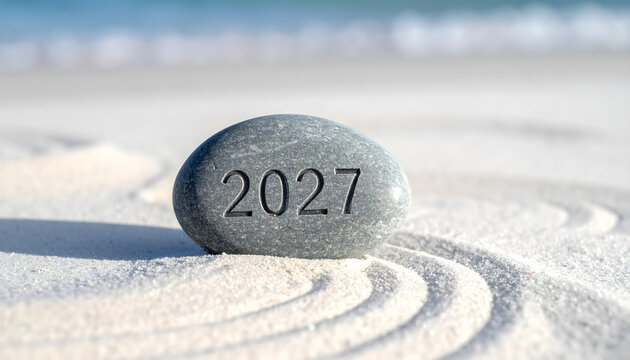 Minimalist shot of a smooth grey pebble with numbers twenty twenty seven engraved in clean modern sans serif font generative AI