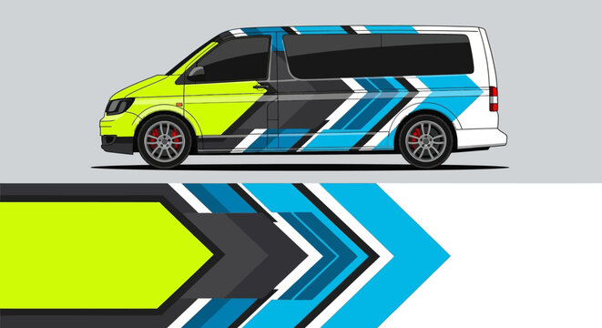Vibrant geometric van with bold arrow graphics and colorful branding.