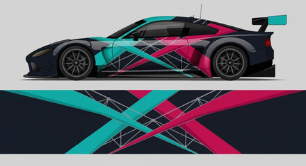 Obraz premium Sleek sports car with neon geometric wrap design and vibrant color accents on a gray backdrop.
