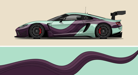 Stylized purple teal sports car with flowing curves and mint background, bold vector illustration. © AhzaArdiansyah