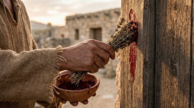 Close-up of a hand applying blood to a wooden doorpost, symbolizing an ancient ritual or religious practice.