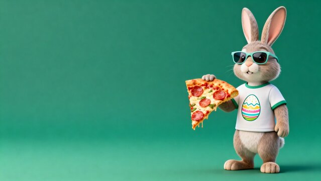 Easter bunny wearing a t-shirt with an Easter egg pattern standing on the right side holding a large delicious slice of pizza with both hands, deep matte green background with cinematic lighting