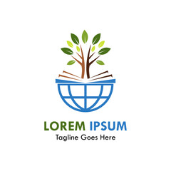 Global education logo featuring a growing green tree emerging from an open book on a blue globe. Perfect for ecology, nature learning, and environmental schools.