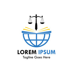 Legal service logo combining a scale of justice, a pen/necktie, an open book, and a globe. Ideal for international law firms, global justice, and legal advocacy.