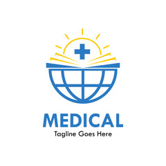 Medical healthcare logo showcasing a cross symbol inside a rising sun above an open book and globe. Great for global health, clinics, and medical research