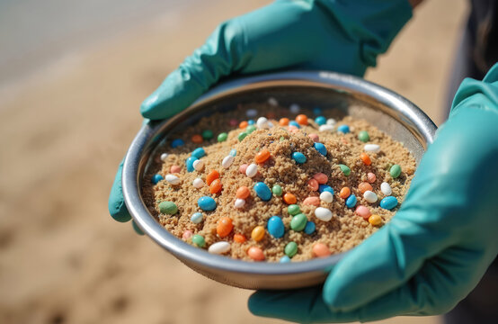 Hands in teal gloves sift beach sand with colorful microplastic beads. Cleanup volunteers sort marine debris, raising awareness about ocean pollution.