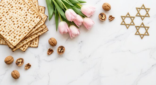 Passover Seder Table with Matzah, Tulips, and Stars of David.