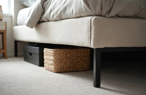 Low angle view of modern platform bed base with white headboard, grey carpet, and under-bed storage boxes. Minimalist bedroom interior design detail, cozy and tidy organised space.