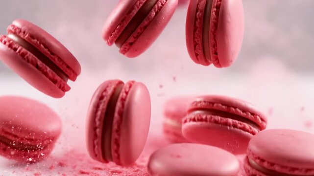 Close-up of levitating pink macarons with pink powder or glitter. Soft focus and shallow depth