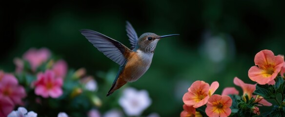 Obraz premium Hummingbird dances like a jewel near nature’s blooming rainbow of flowers.
