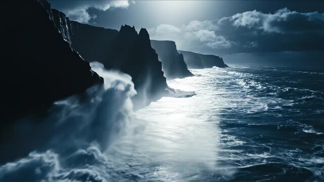 Ocean waves crashing against rocky cliffs