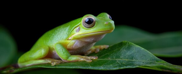 Obraz premium Mid shot of a green tree frog sitting on a leaf branch or foliage.