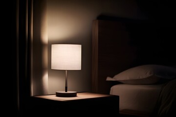 Gentle nightlight illuminating a sleek, minimalist lamp halts shadows, creating a cozy, serene atmosphere.