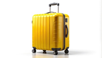 Naklejka premium Bright yellow, modern spinner luggage standing against a clean white background.