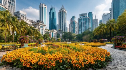 Fototapeta premium Urban Landscape Featuring Colorful Flower Bed Surrounded by Modern Skyscrapers Against a Clear Blue Sky in a Vibrant City Park Setting