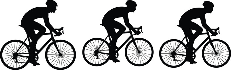Fototapeta premium Side view silhouette of three professional road cyclists riding in a row formation during a competitive race event isolated on a white background