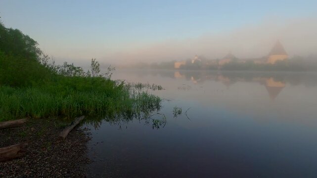 A foggy July morning at the Old Ladoga Fortress. Leningrad Region, Russia
