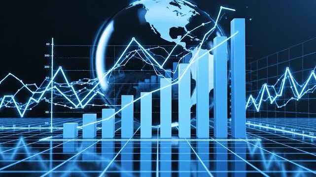 Digital representation of global business data with charts and a glowing earth.