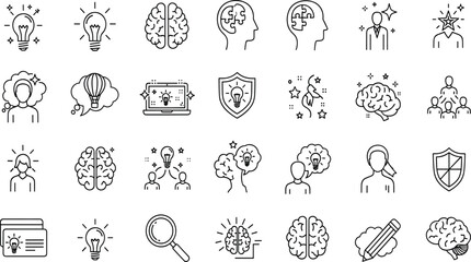 Creative Mind and Innovation Line Icon Set Featuring Brainstorming, Thinking Process, Lightbulbs, Mind Mapping, Problem Solving, Strategy, Success, and Intellect Symbols © Its World