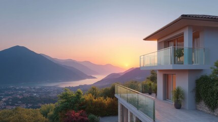 Fototapeta premium Modern villa overlooking serene landscape at sunset with mountains, calm water, and vibrant sky creating a peaceful atmosphere in nature