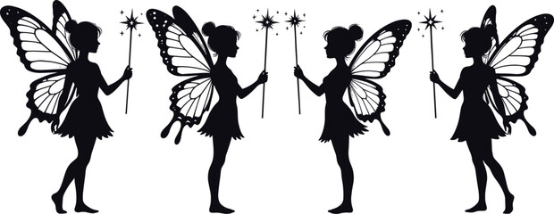 Fairy silhouette vector set with magic wand and butterfly wings isolated on white background, fantasy girl character illustration for decoration and design © MdAl