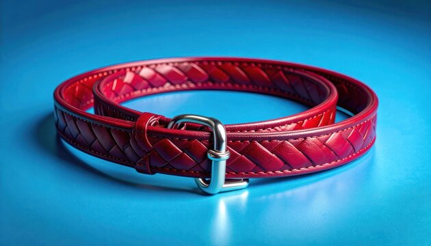 Luxurious deep red woven leather belt with polished metal buckle on bright blue background.