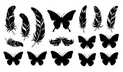 Fototapeta premium Decorative butterfly and bird feather flat vector set isolated on white