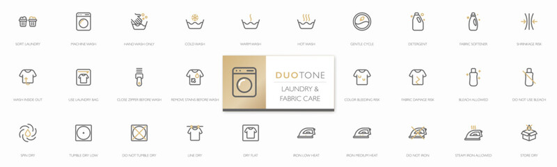 Duotone laundry and fabric care icon set. Minimalist line style, editable stroke for washing, drying, ironing, and fabric care instruction for apps, packaging, manual and UI. Vector Illustration