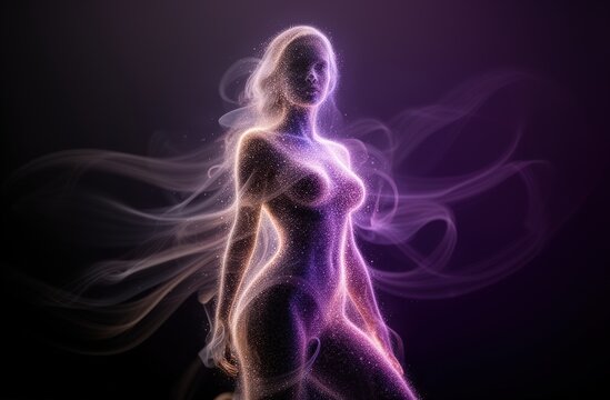 Ethereal female silhouette composed of purple and pink light swirls