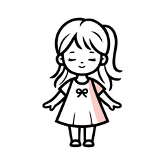 Logotipo de boutique de moda femenina. Dibujo sencillo con líneas de una niña de pie con un vestido, vista de frente   © teracreonte