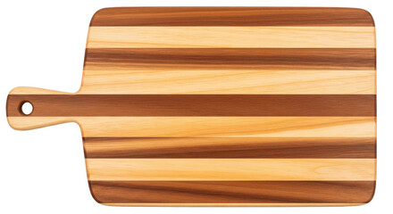 Wooden striped cutting board, top view kitchen utensil for cooking. Isolated on transparent background, png