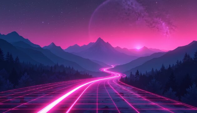 Synthwave landscape with neon grid road in mountains at sunset. Digital art with vibrant pink and purple sky, large planet, stars, forest. Futuristic travel.