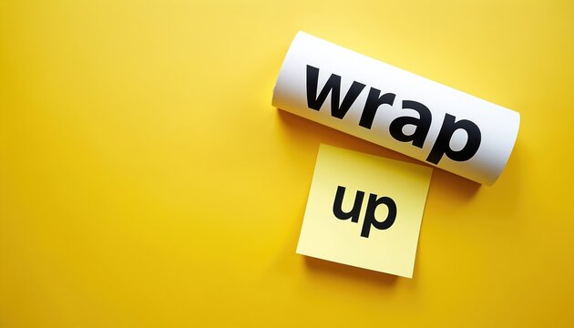 Words wrap up on bright yellow background. Paper roll and sticky note suggest project completion or task finalization. Clean concept for business summary or end of work.