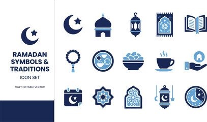 Ramadan symbols and traditions icon set with moon star mosque dome lantern prayer carpet quran book tasbih beads coffee cup calendar geometric pattern and prayer clock illustrations