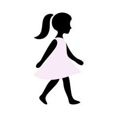 Logotipo de boutique de moda femenina. Dibujo sencillo con la silueta de una ni&ntilde;a andando con un vestido de color rosa, vista de perfil 